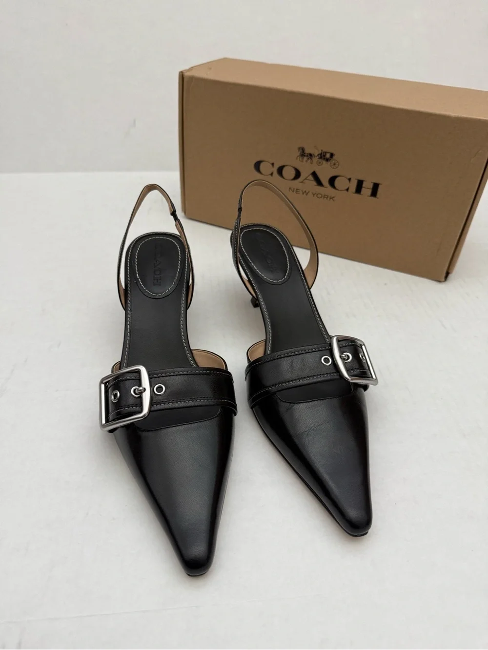 Coach Margot Black Leather Slingback Pump with Silver Buckle Size 10